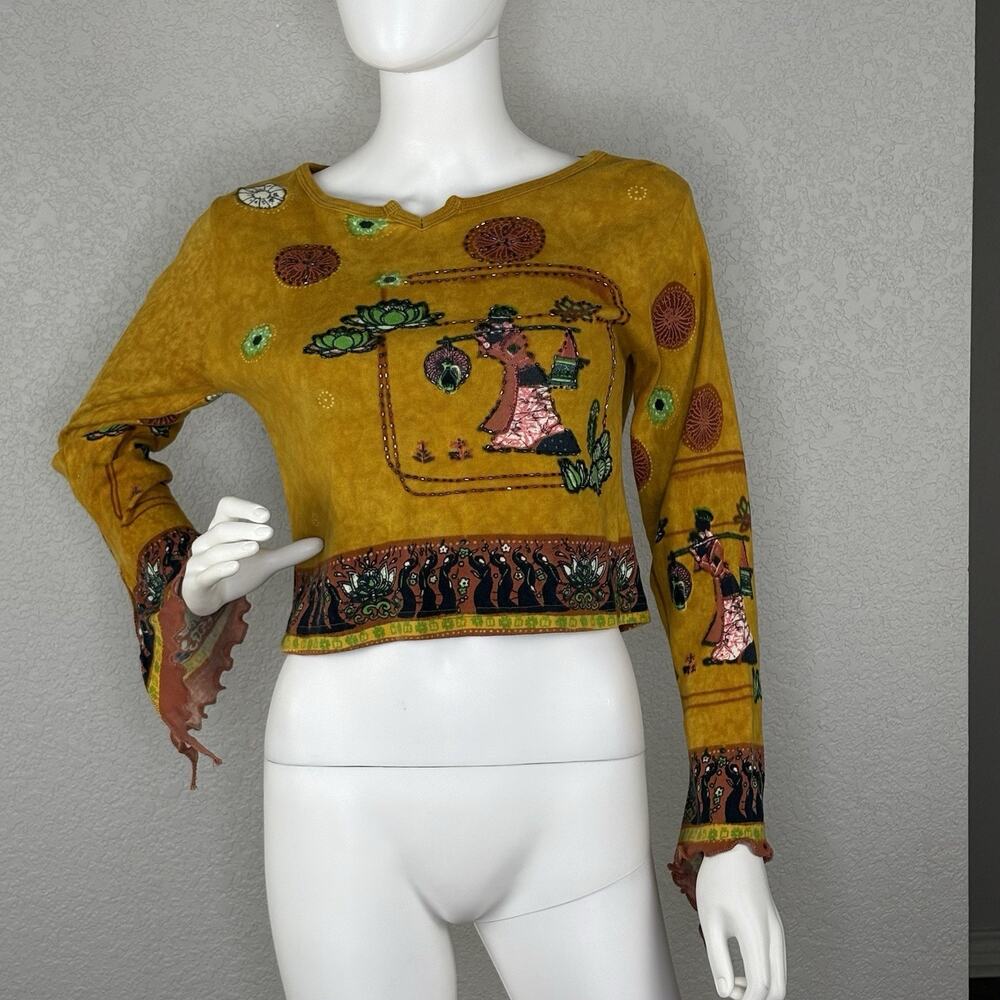 Y2K Womens Bell Sleeve Cropped Top Asian Inspired Graphic Beaded Yellow Size S